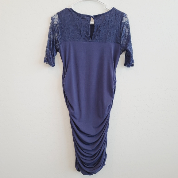 💕Motherhood Maternity Navy Blue Dress with Lace Sleeves Women's Size Small Mat. - Picture 4 of 14